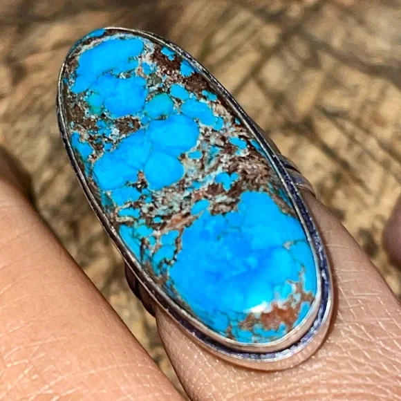 Oval Hubei Brown & Blue Turquoise Ring Size 7 - Picture 7 of 9